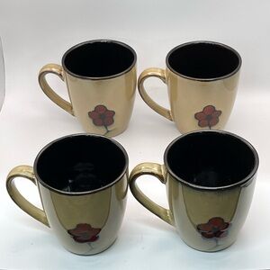 Pfaltzgraff Studio Aster Coffee Mugs Set of 4 Floral Tan‎ Red Flower Stoneware